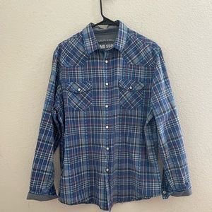 Mossimo Long Sleeve Blue Plaid Button Front Shirt Men’s Size Large